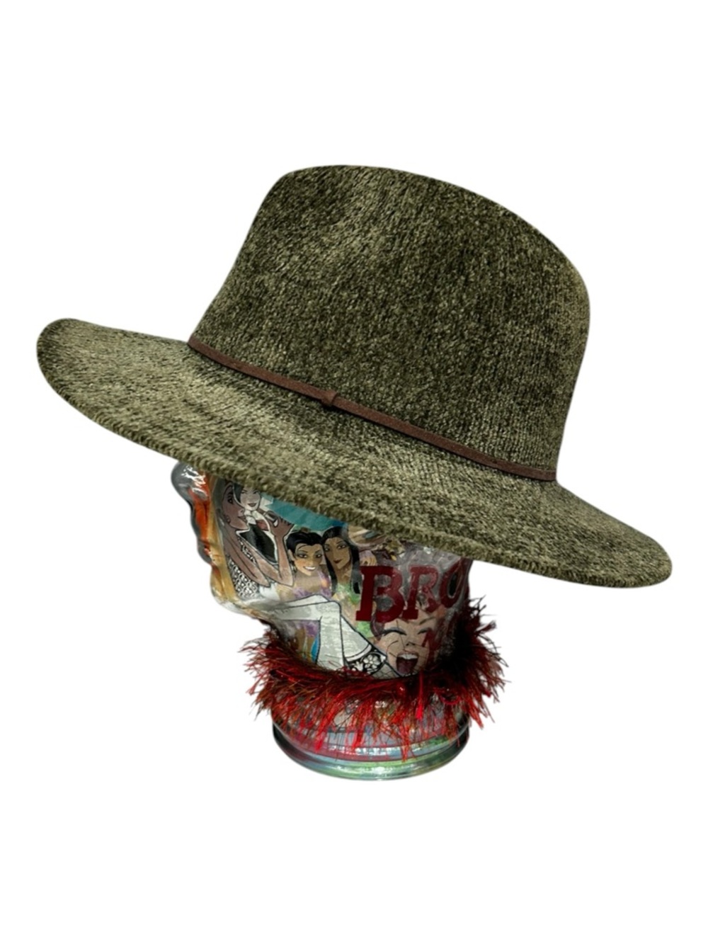 Olive Green Wide Brim Hat Chenille Textured Fedora One Size Boho Western - Picture 6 of 13